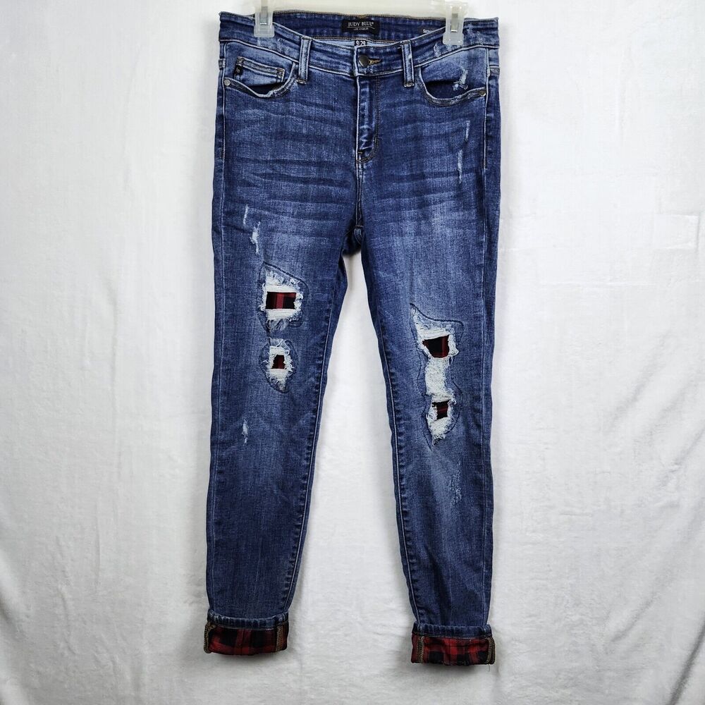 Judy Blue Jeans Size 9/29 Skinny Fit Buffalo Plaid Distressed Medium Wash Denim
